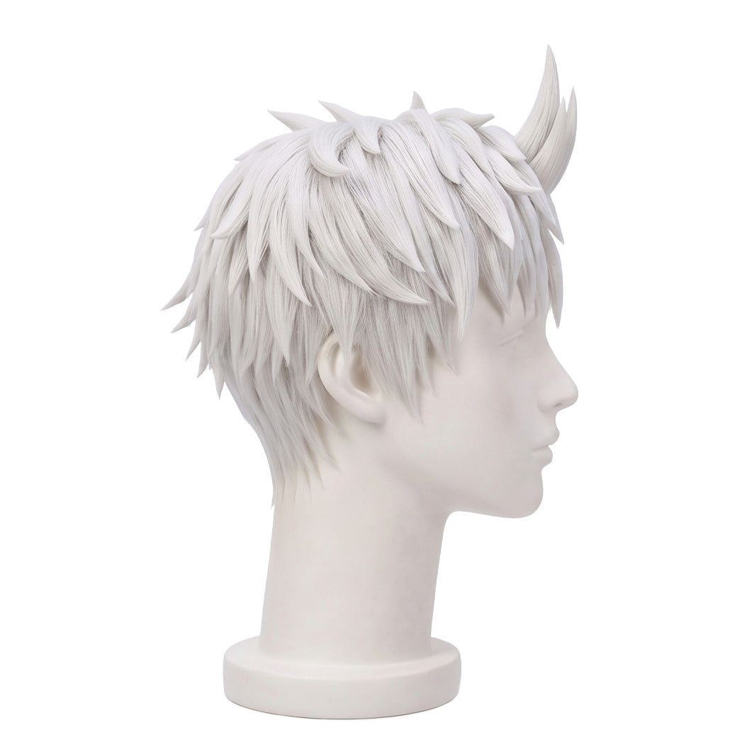 Right side view of Evil Eye wig featuring sharply styled white spikes, layered sides, tapered bangs, and the distinctive Dandadan anime hairstyle