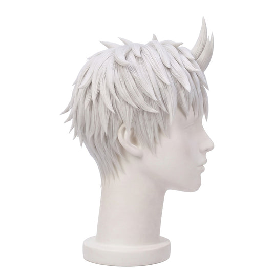 Right side view of Evil Eye wig featuring sharply styled white spikes, layered sides, tapered bangs, and the distinctive Dandadan anime hairstyle
