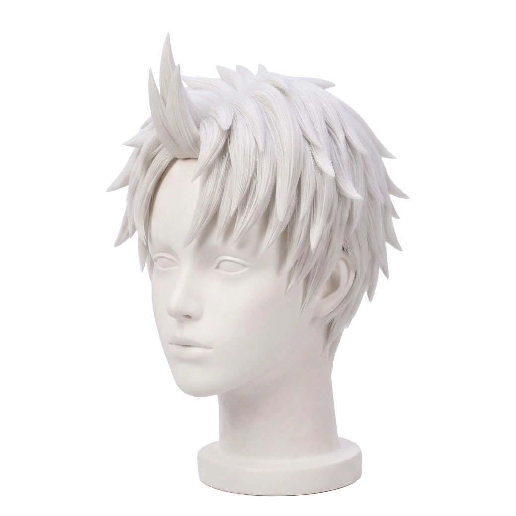 3/4 view of Evil Eye cosplay wig displaying voluminous white hair, dramatic pointed spikes, layered texture, and long face-framing bangs