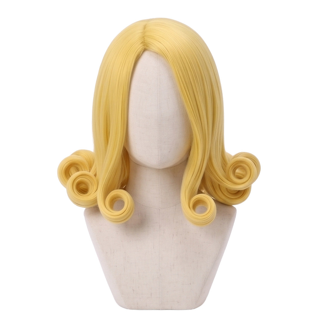Funny Valentine cosplay wig from JoJo’s Bizarre Adventure featuring long light blonde hair with thick, well-defined ringlet curls and handcrafted character styling