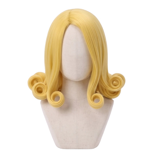 Funny Valentine cosplay wig from JoJo’s Bizarre Adventure featuring long light blonde hair with thick, well-defined ringlet curls and handcrafted character styling