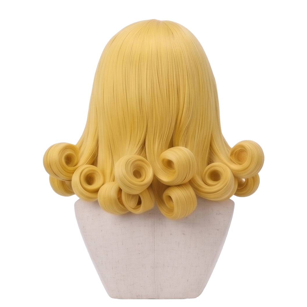 Back view of Funny Valentine cosplay wig showing long light blonde hair with multiple thick ringlet curls and a detailed handcrafted JoJo character hairstyle
