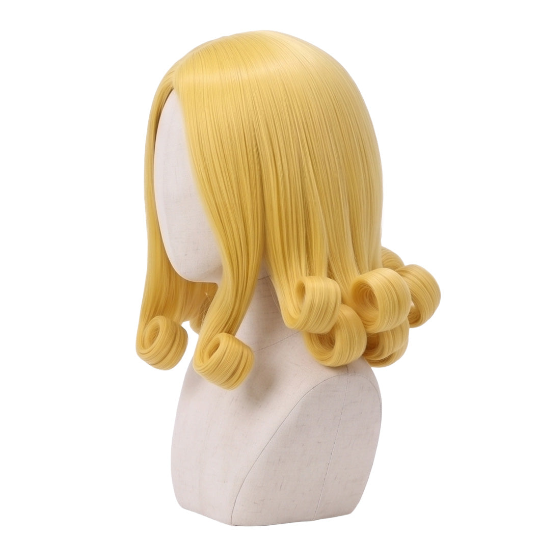 Left side view of Funny Valentine wig showing long light blonde hair, sculpted ringlet curls, and professionally styled Steel Ball Run cosplay details