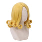 3/4 view of Funny Valentine cosplay wig displaying long blonde hair, thick defined curls, layered length, and the distinctive JoJo’s Bizarre Adventure hairstyle
