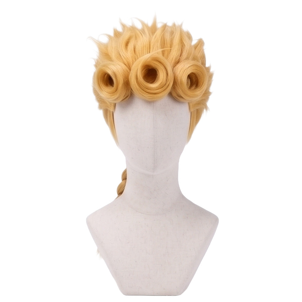 Giorno Giovanna cosplay wig from JoJo's Bizarre Adventure featuring handcrafted golden blonde hair with signature curled bangs and elegant anime character styling