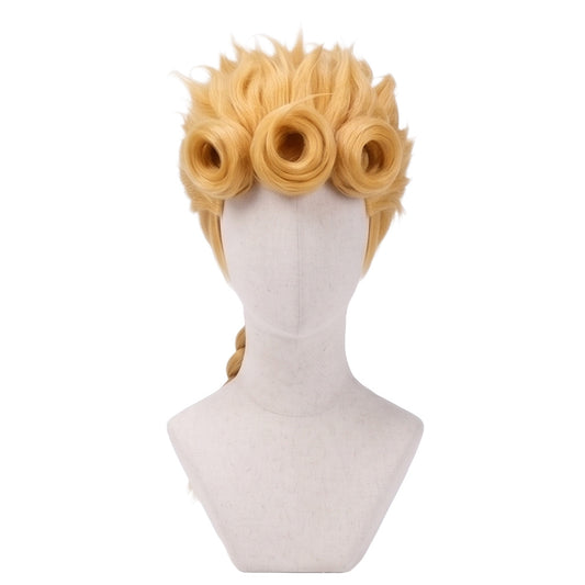 Giorno Giovanna cosplay wig from JoJo's Bizarre Adventure featuring handcrafted golden blonde hair with signature curled bangs and elegant anime character styling