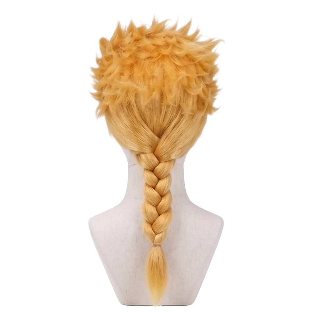 Back view of Giorno Giovanna wig featuring golden blonde layered sections, smooth feathered texture, and a polished character hairstyle finish