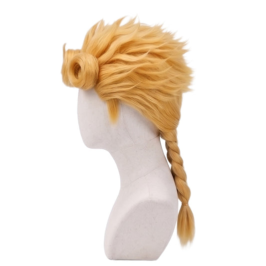 Side view of Giorno Giovanna wig showing golden blonde layered hair, sculpted front curls, and professionally styled JoJo cosplay wig details