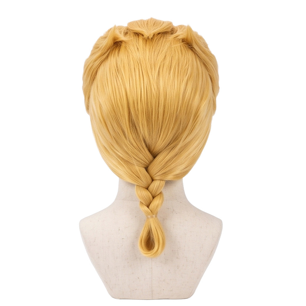 Back view of Giorno Giovanna cosplay wig with unstyled golden fibers and tail section