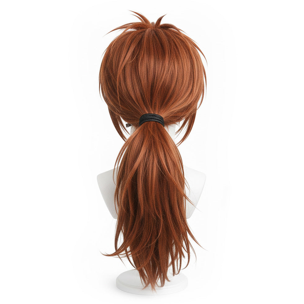 Back view of Himura Kenshin cosplay wig with smooth silhouette