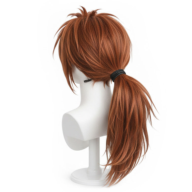 Back view of Himura Kenshin brown cosplay wig with smooth silhouette