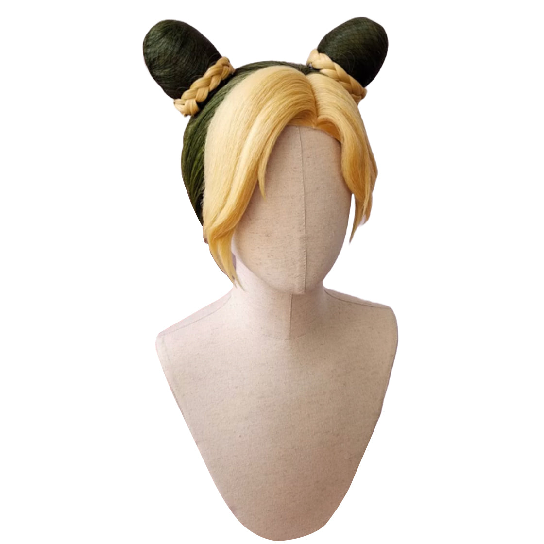 Jolyne Cujoh Anime Cosplay Straight Curly Wave Fluffy Synthetic Green Wig Jolyne Kujo Yellow Braids Ponytail Wig with Detachable Buns for Halloween Party