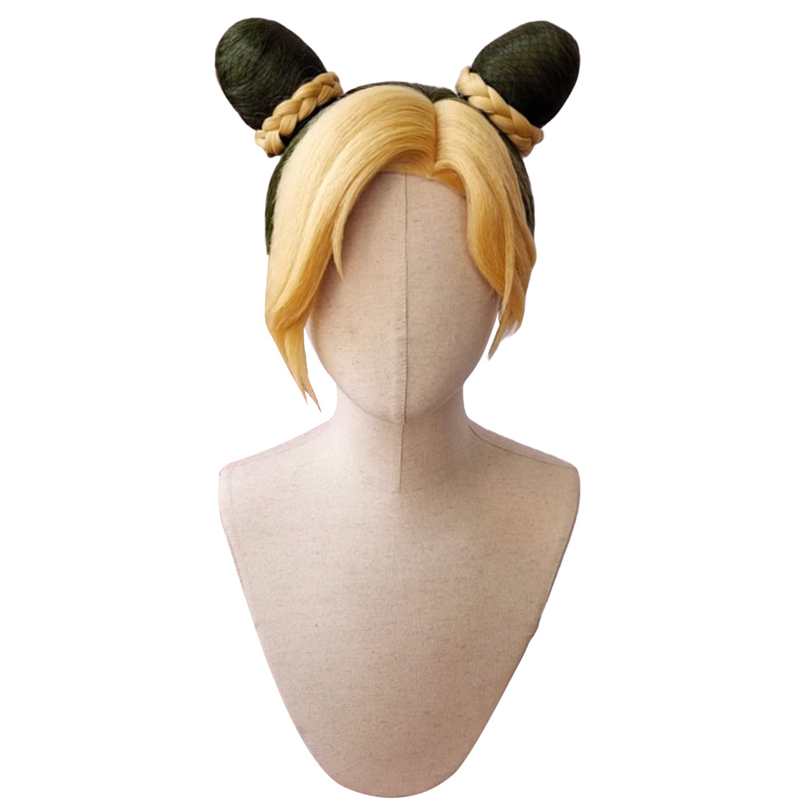 Jolyne Cujoh Anime Cosplay Straight Curly Wave Fluffy Synthetic Green Wig Jolyne Kujo Yellow Braids Ponytail Wig with Detachable Buns for Halloween Party