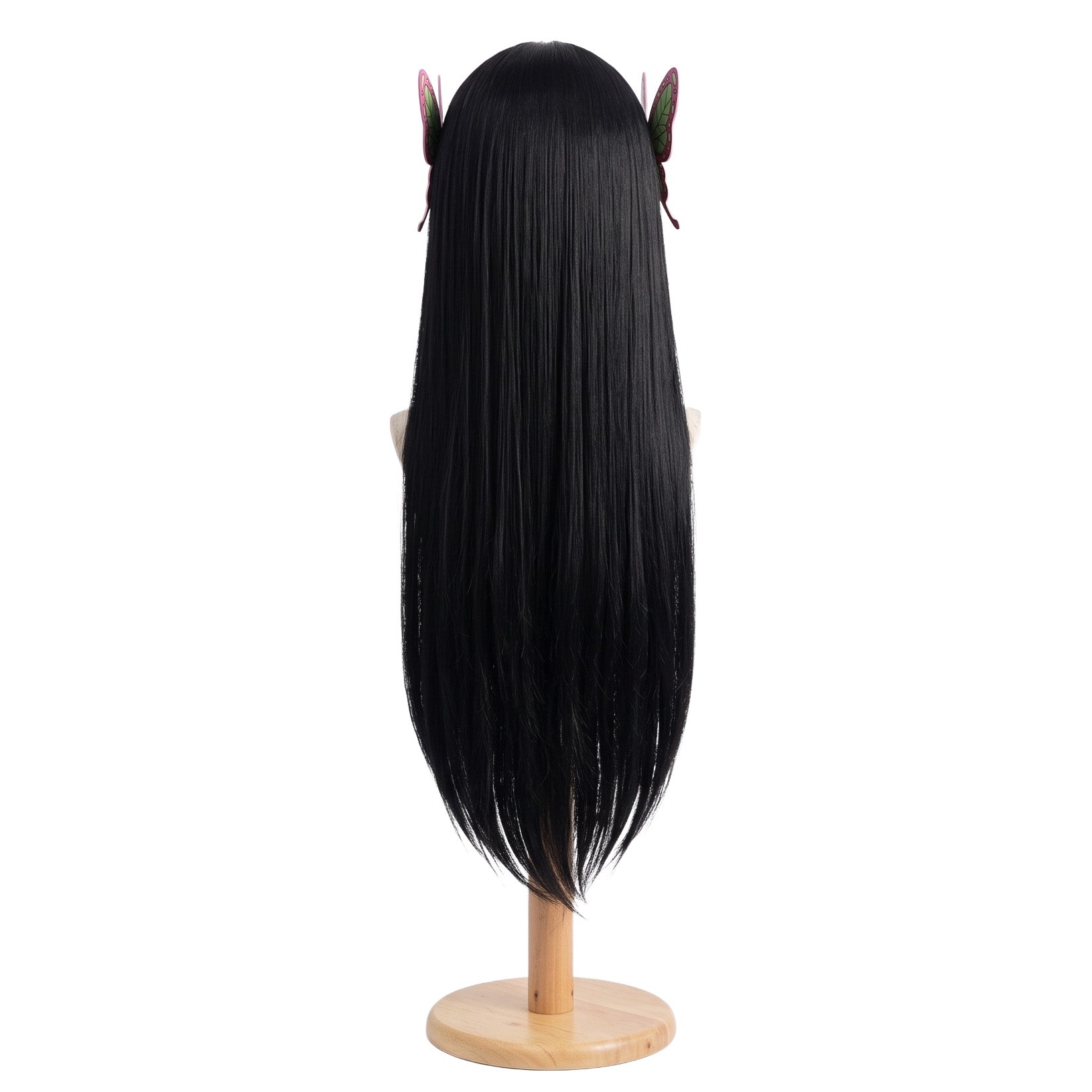 Back view of Kanae Kocho long black cosplay wig with flowing fibers