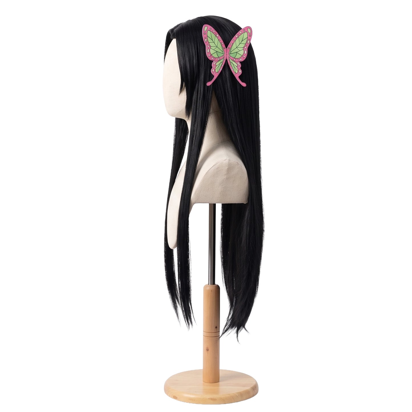 Left side view of Kimetsu no Yaiba Kanae Kocho long black cosplay wig