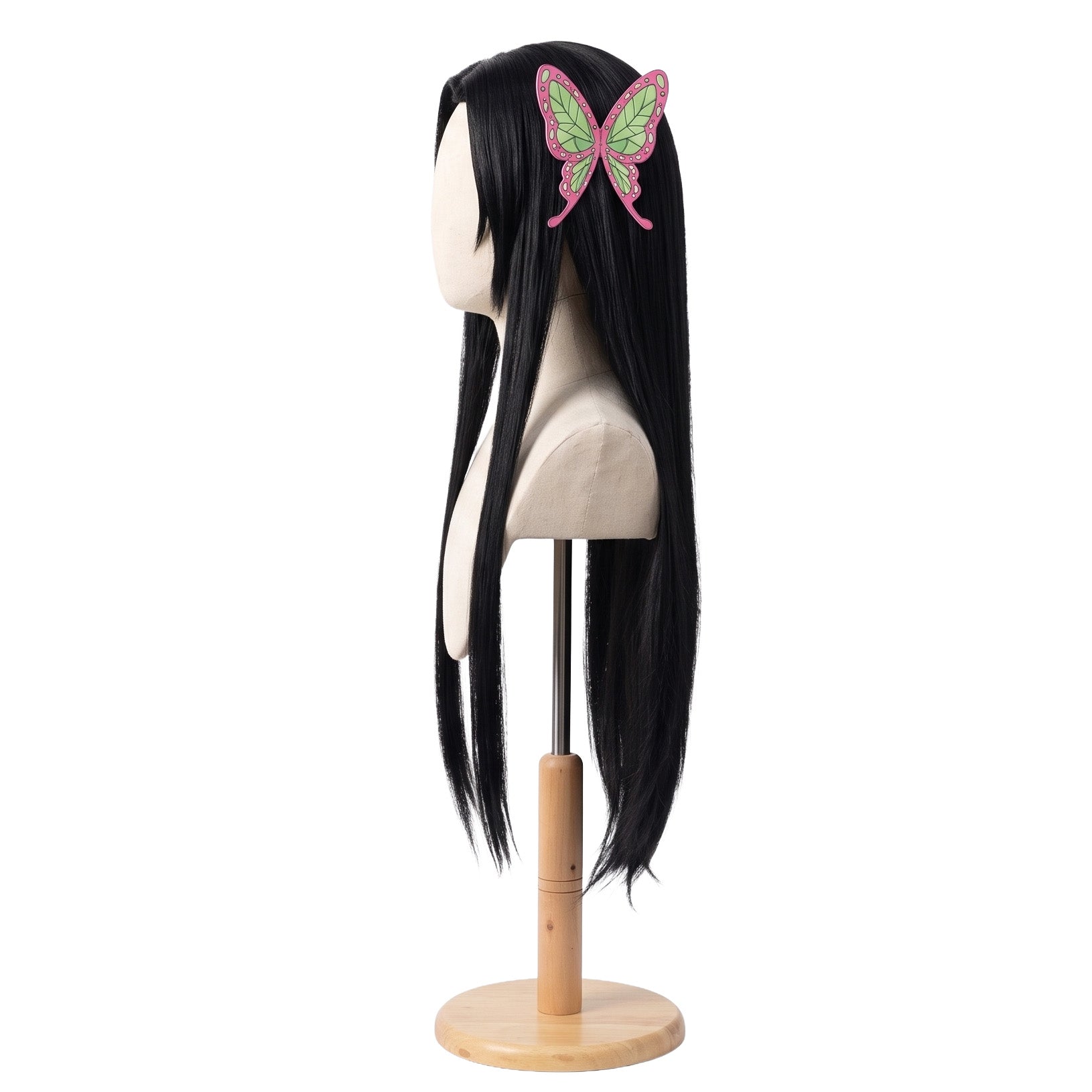 Left side view of Kimetsu no Yaiba Kanae Kocho long black cosplay wig