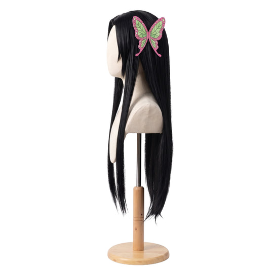 Left side view of Kimetsu no Yaiba Kanae Kocho long black cosplay wig