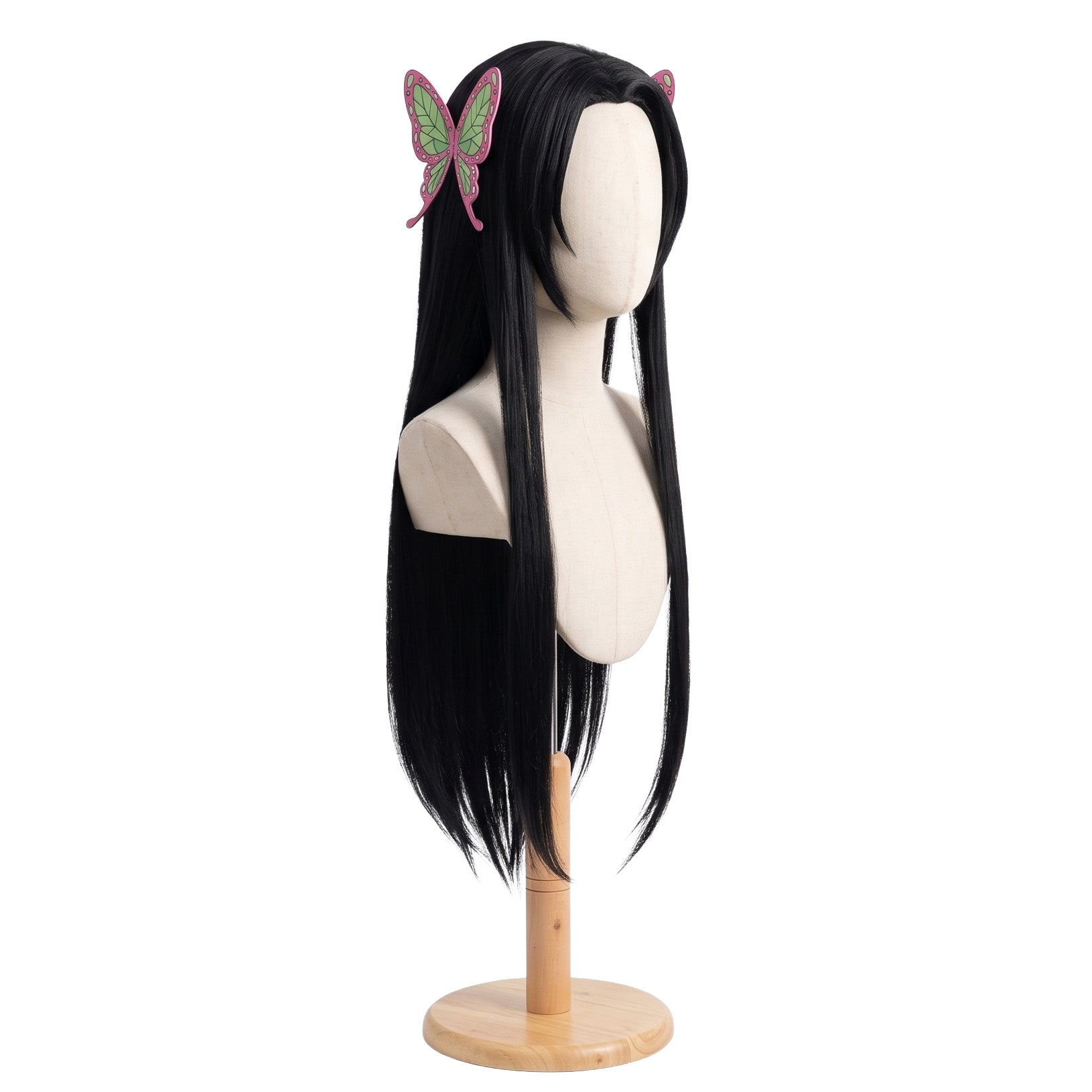 Three-quarter view of Kanae Kocho waist-length black basic cosplay wig