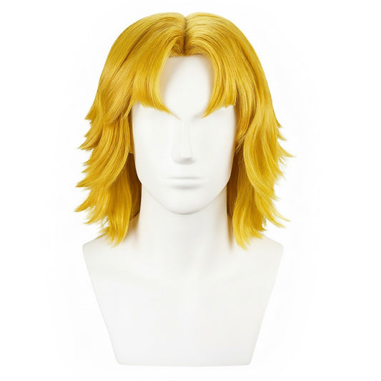 Front view of handmade Ken Masters cosplay wig styled for accuracy