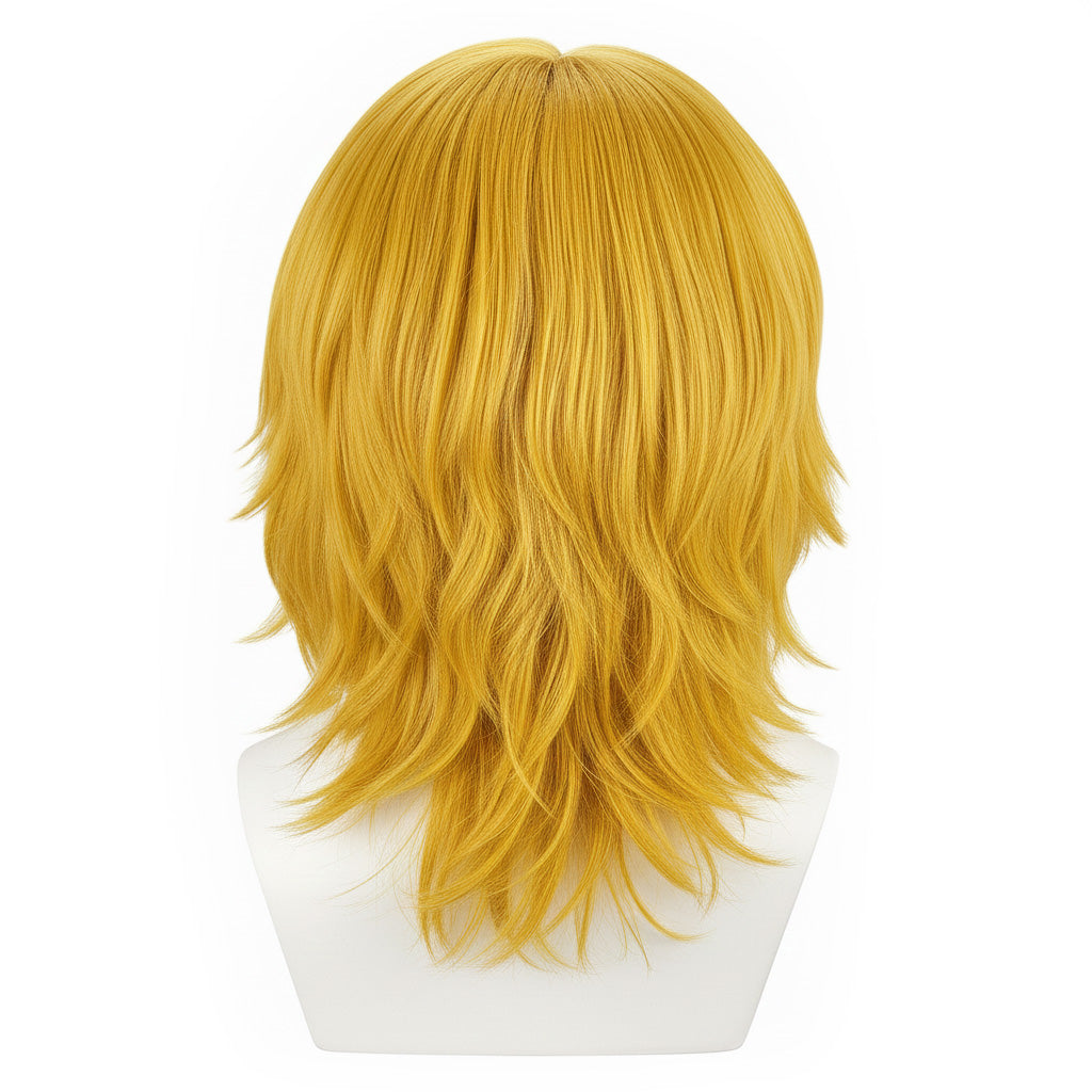 Back view of layered Ken Masters cosplay wig premium fibers