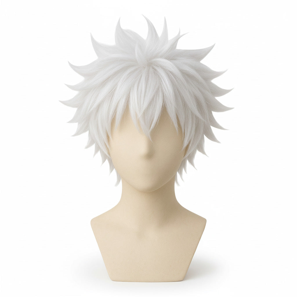 Killua Zoldyck cosplay wig – premium fluffy white designer wig front view