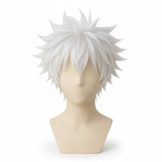 Killua Zoldyck cosplay wig – premium fluffy white designer wig front view