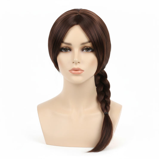 Lara Croft cosplay wig unstyled on mannequin head – front view