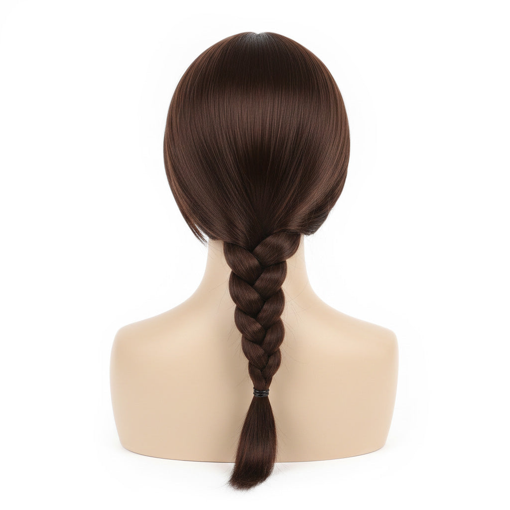 Back view of long brown wig ideal for Lara Croft braid styling