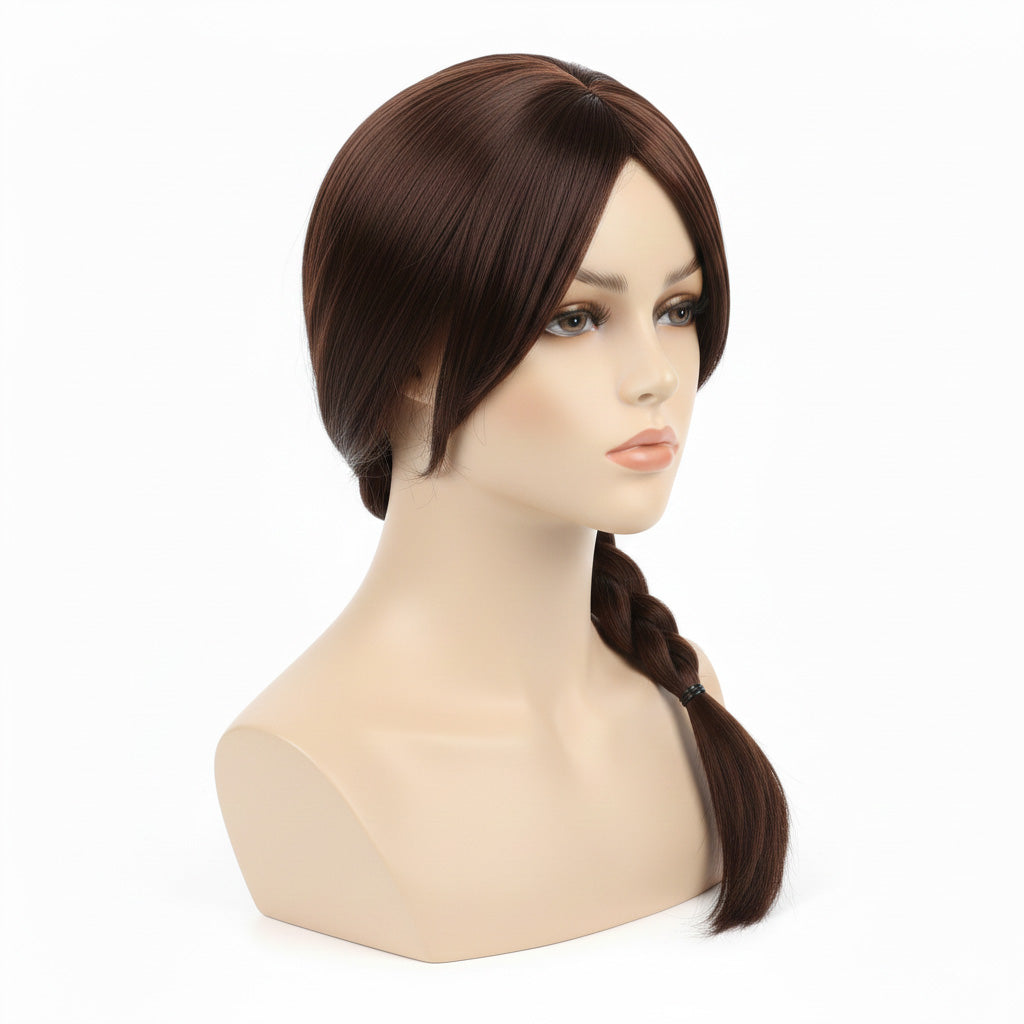 Side profile of unstyled Lara Croft wig for trimming and braiding