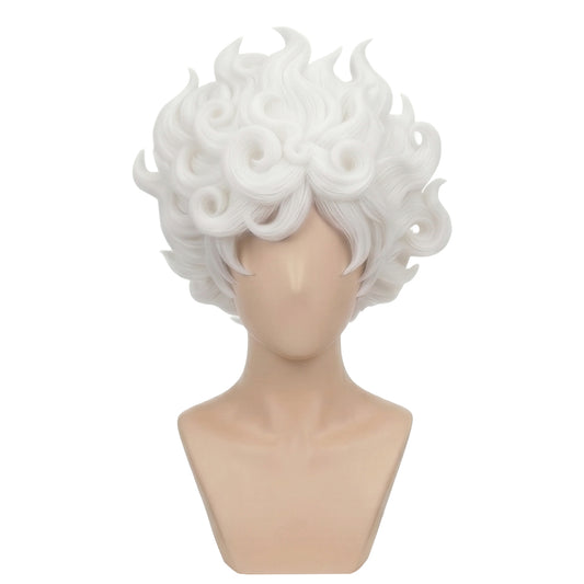Front view of Gear 5 Luffy cosplay wig with white, wavy flame-like hair
