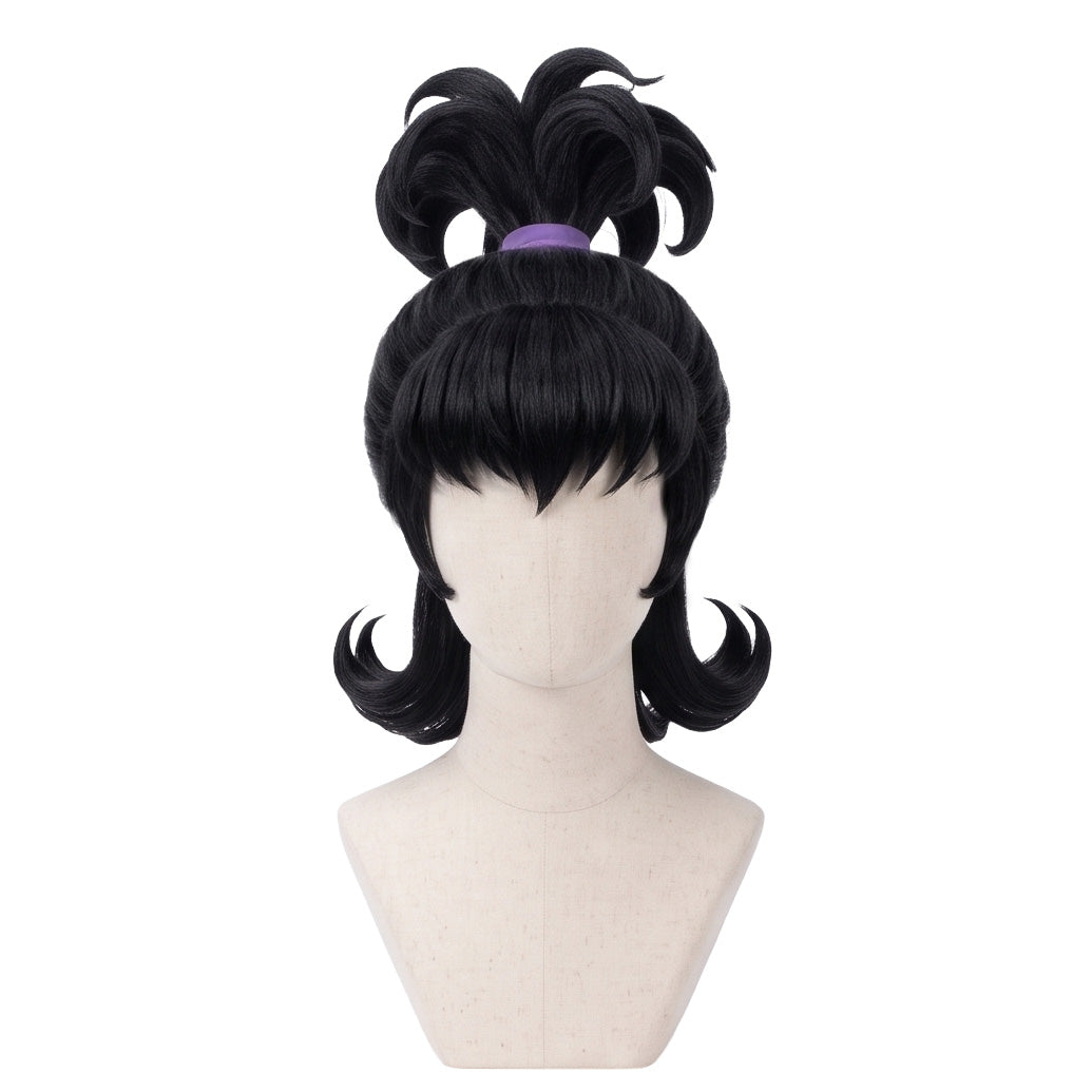 Front view of Lydia Deetz anime cosplay wig with black high ponytail