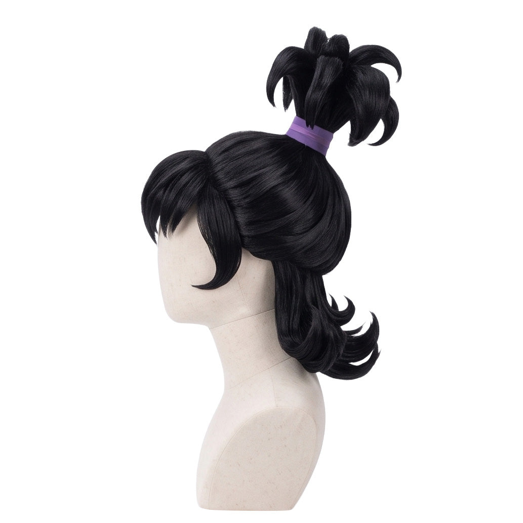 Side view of Lydia Deetz wig showing curled hair ends and layered bangs