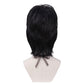 Back view of long black Lydia Deetz cosplay wig with unstyled fibers