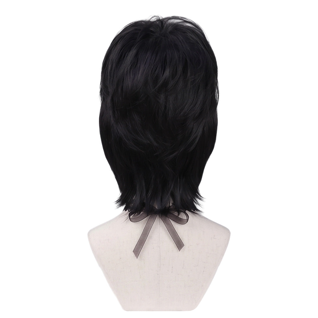 Back view of long black Lydia Deetz cosplay wig with unstyled fibers