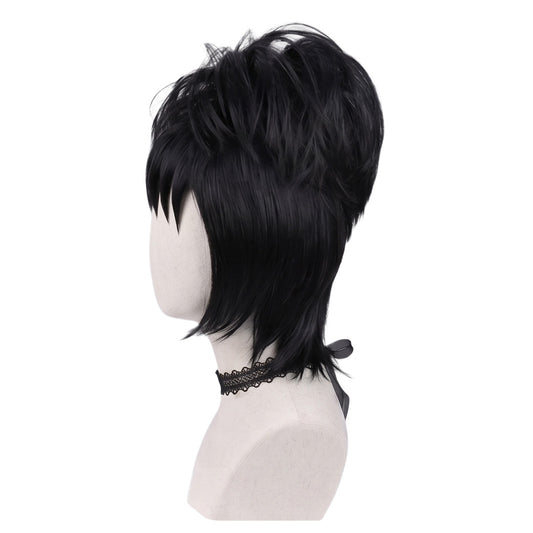 Side view of Beetlejuice Lydia Deetz black basic cosplay wig