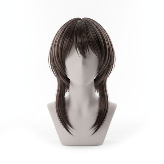 Megumin cosplay wig ready-to-style with medium-length brown hair and bangs