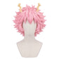 Mina Ashido cosplay wig from My Hero Academia featuring a handcrafted short fluffy pink anime hairstyle with face-framing layers and pale yellow horn details