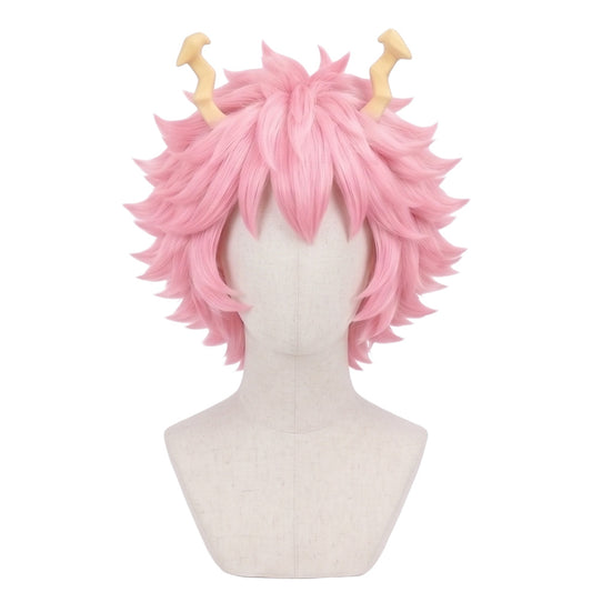 Mina Ashido cosplay wig from My Hero Academia featuring a handcrafted short fluffy pink anime hairstyle with face-framing layers and pale yellow horn details