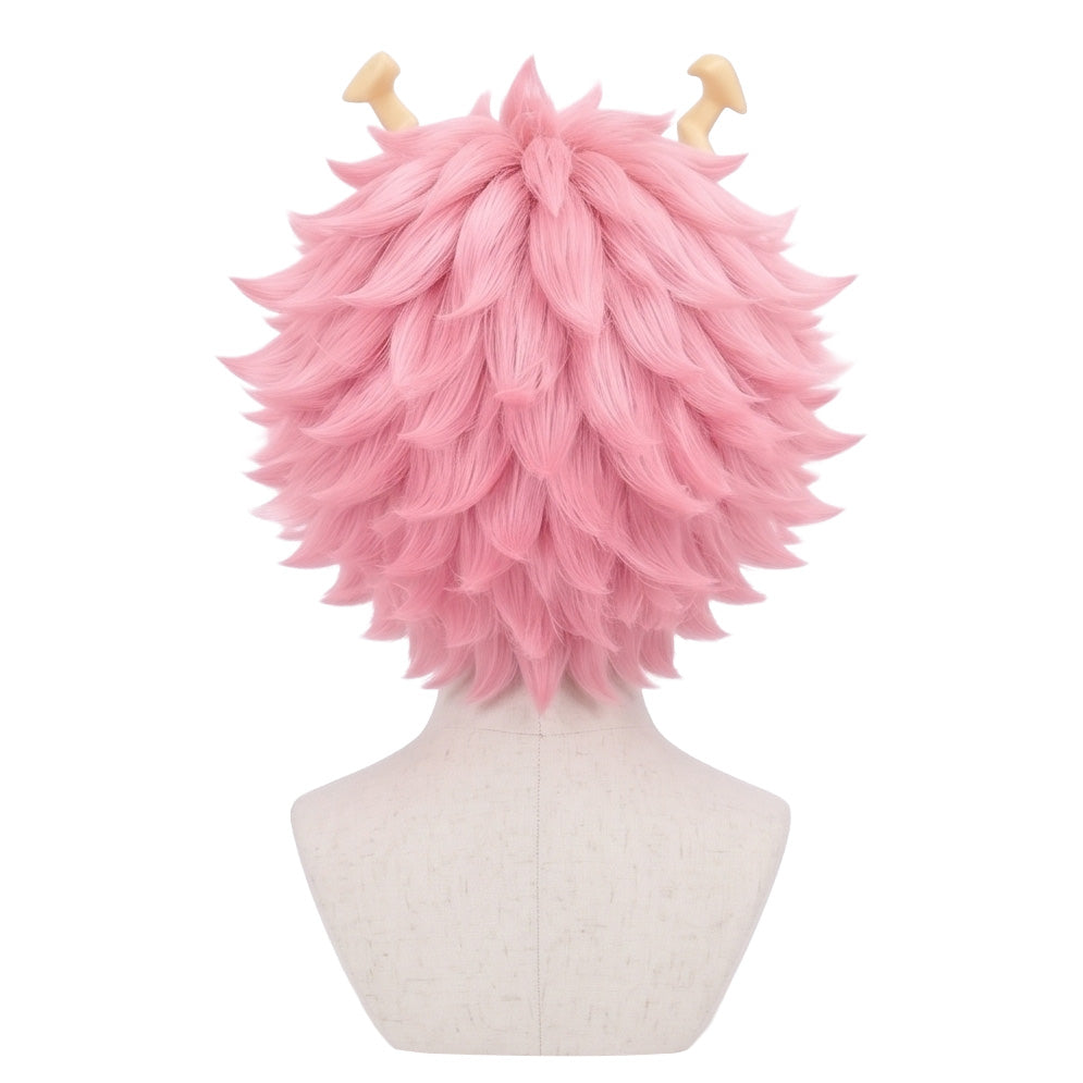 Back view of Mina Ashido wig featuring short fluffy pink layered hair, smooth synthetic fiber texture, and the signature My Hero Academia hairstyle silhouette