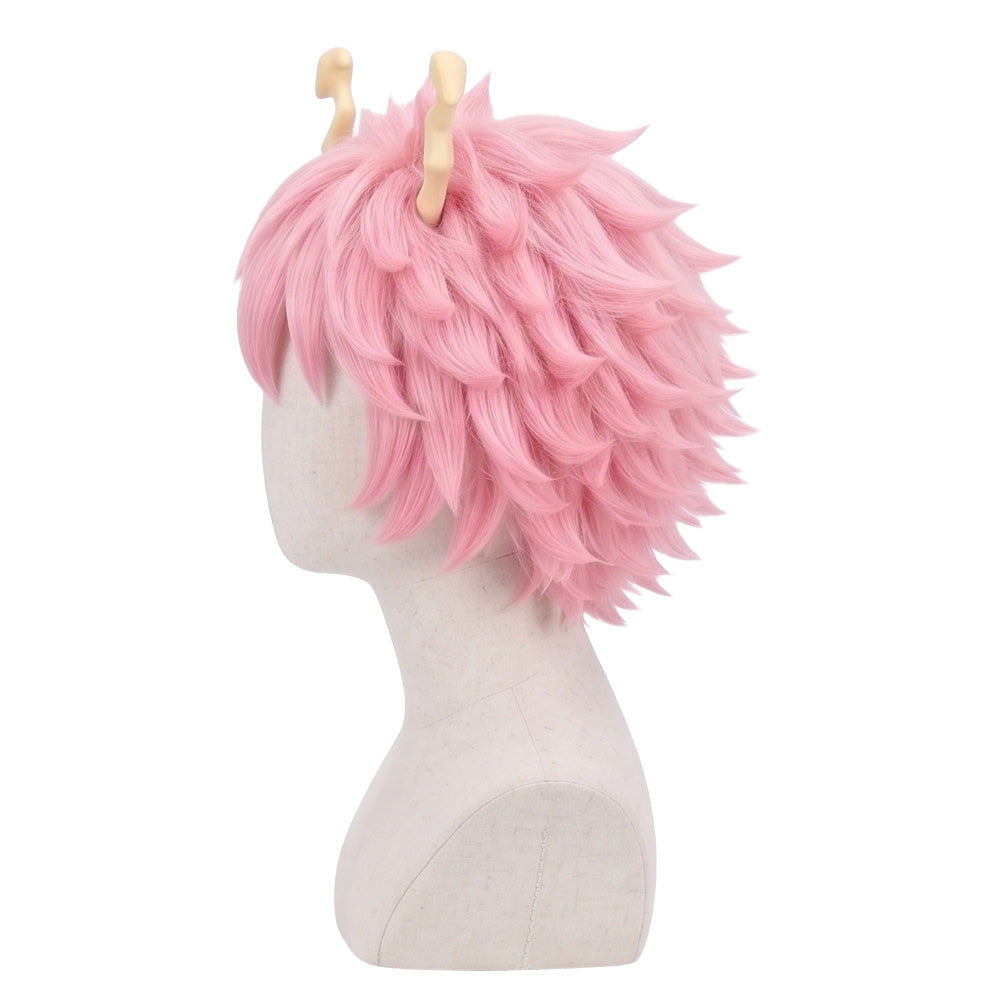 Side view of Mina Ashido wig showing short pink textured hair, fluffy layered volume, and character-inspired pale yellow horn accessories from My Hero Academia
