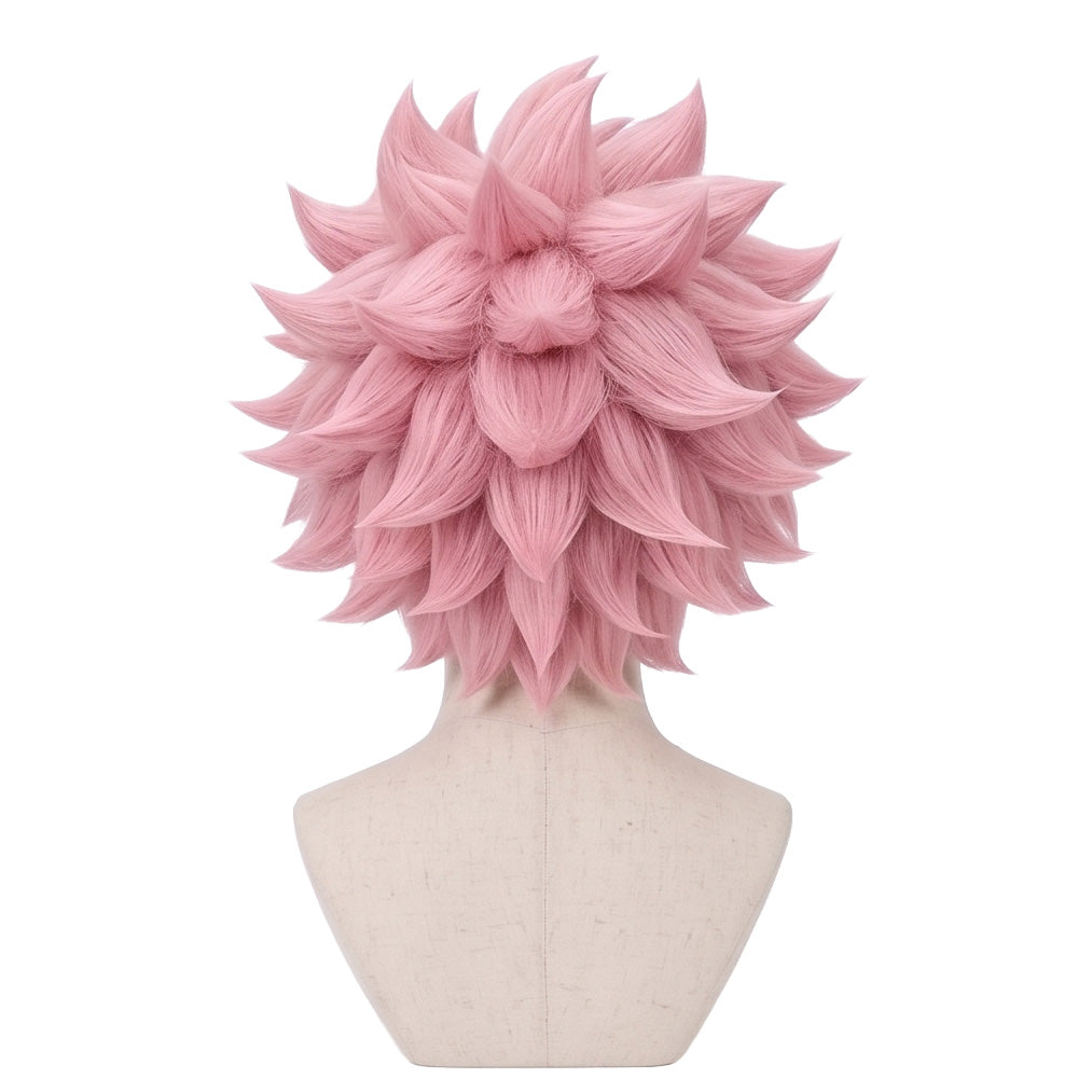 Back view of short pink Mina Ashido cosplay wig with unstyled fibers
