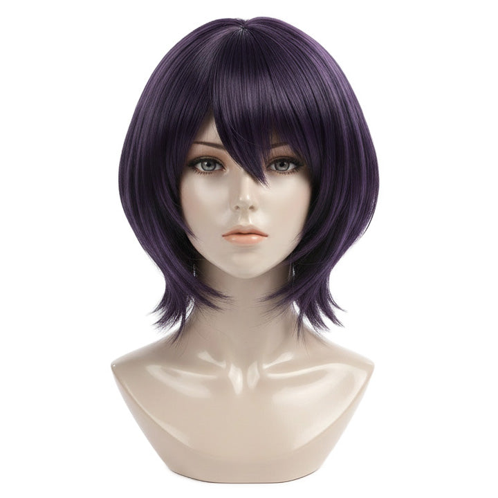 Front view of Motoko Kusanagi cosplay wig in purple-black color