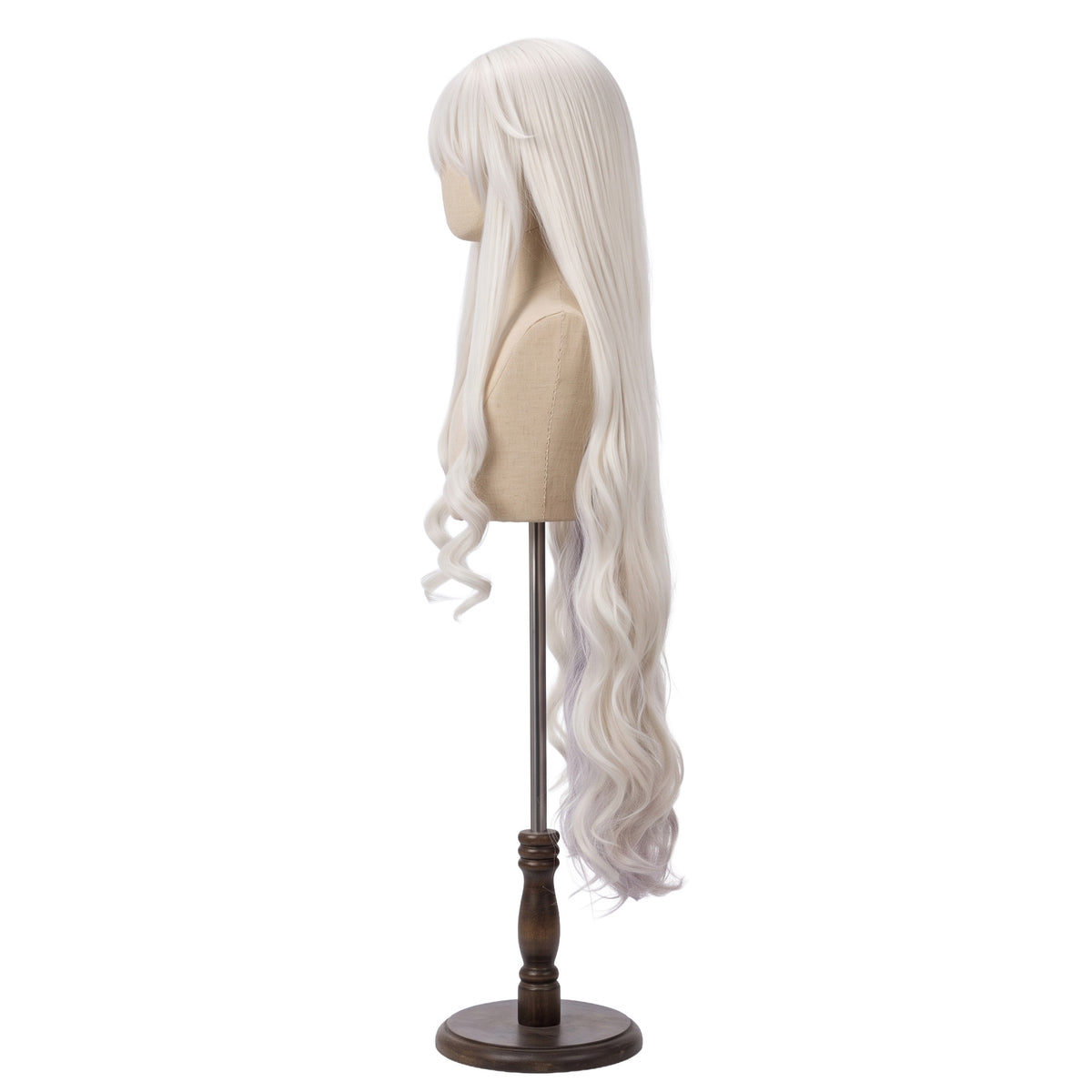 Left side view of Necrass long blonde cosplay wig with layered hair