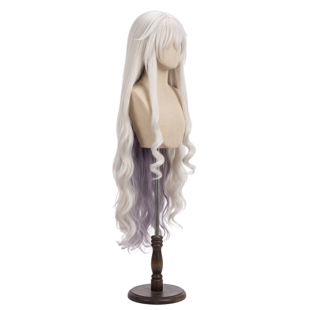 Three-quarter view of Necrass Arknights cosplay wig with eye-covering bangs
