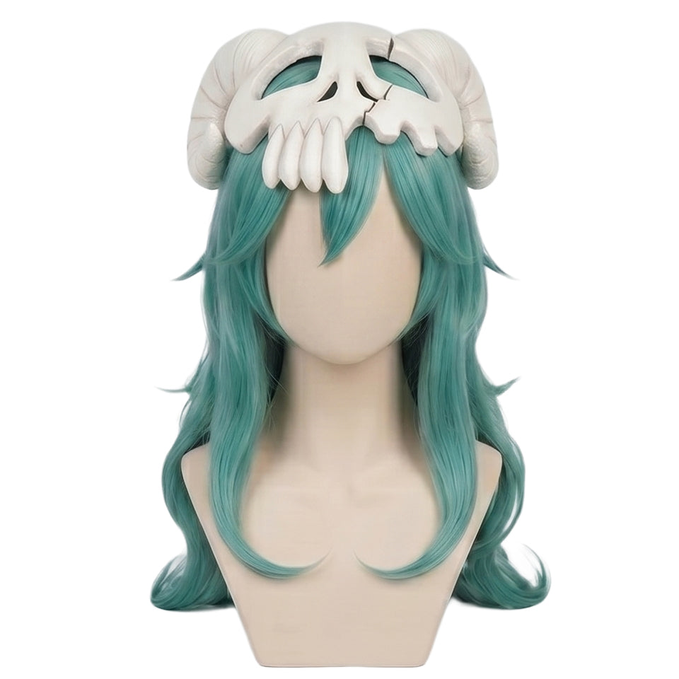 Front view of Nelliel Tu Odelschwanck long wavy dark teal cosplay wig Remains of Hollow mask