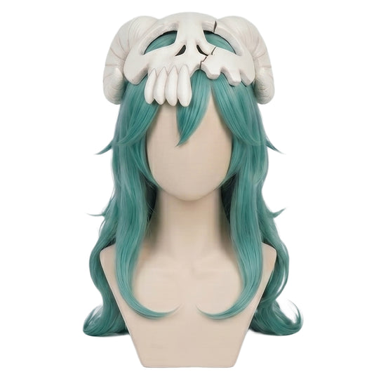 Front view of Nelliel Tu Odelschwanck long wavy dark teal cosplay wig Remains of Hollow mask