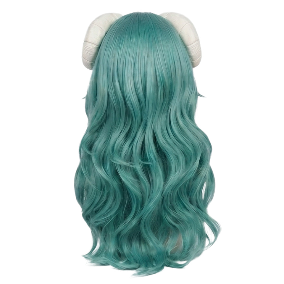 Back view of Nelliel wig displaying full flowing teal hair