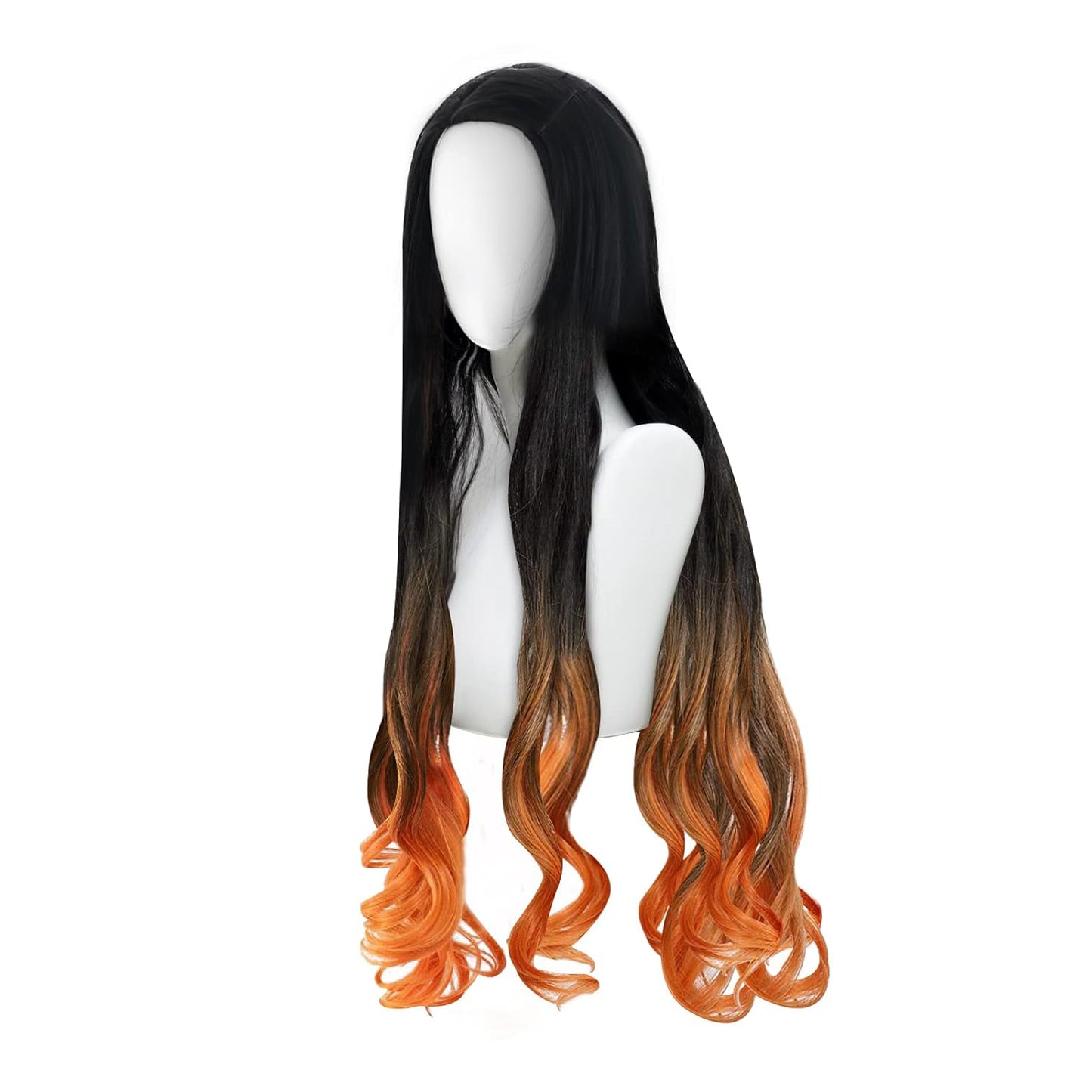 Anime Kamado Nezuko Cosplay Wig, Demon Slayer: Kimetsu no Yaiba Costume Long Natural Black Gradient Dark Orange Curly Hair Wigs