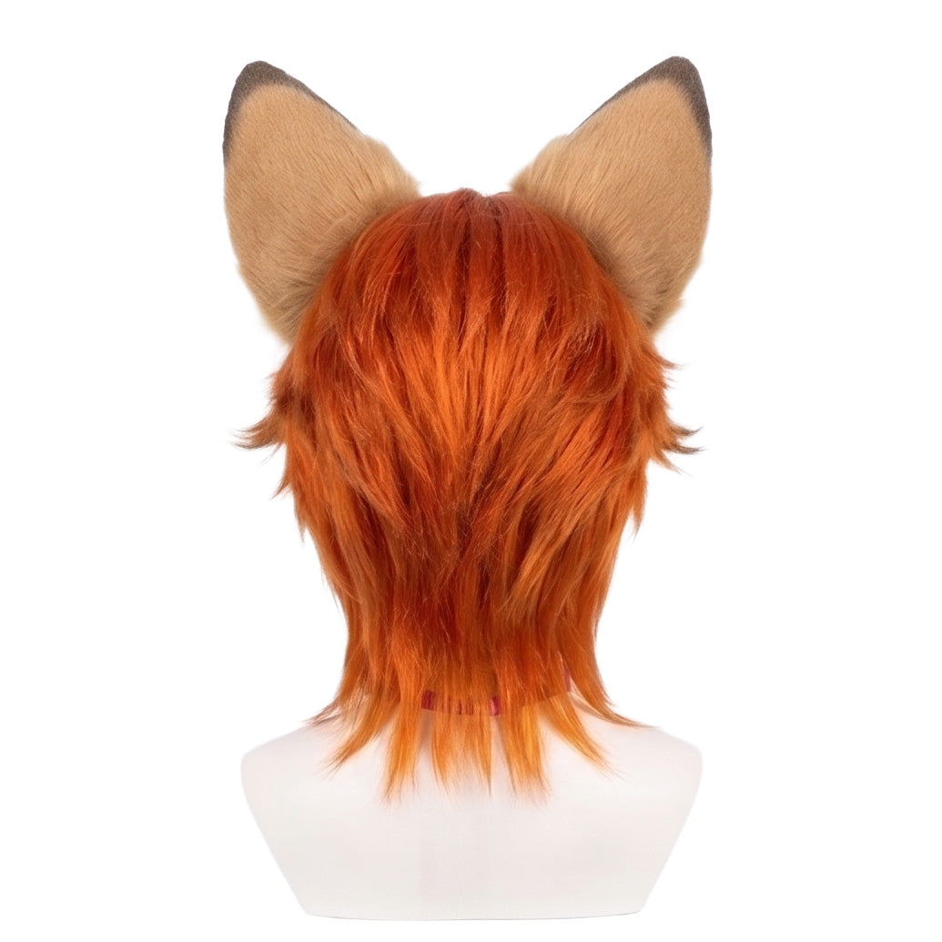 Back view of short orange red Nick Wilde cosplay wig with unstyled fibers