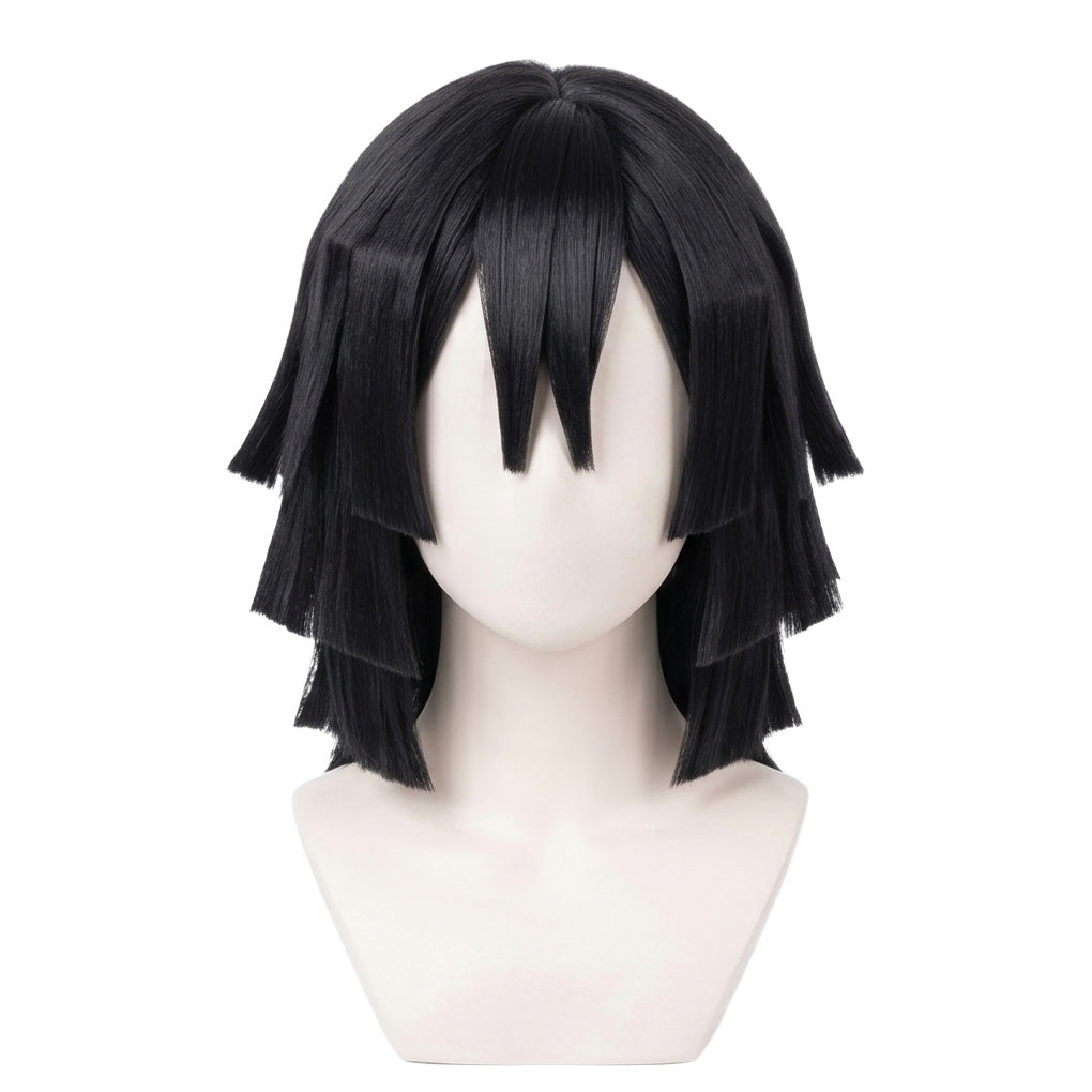 Front view of Obanai Iguro cosplay wig with layered raven-black hair